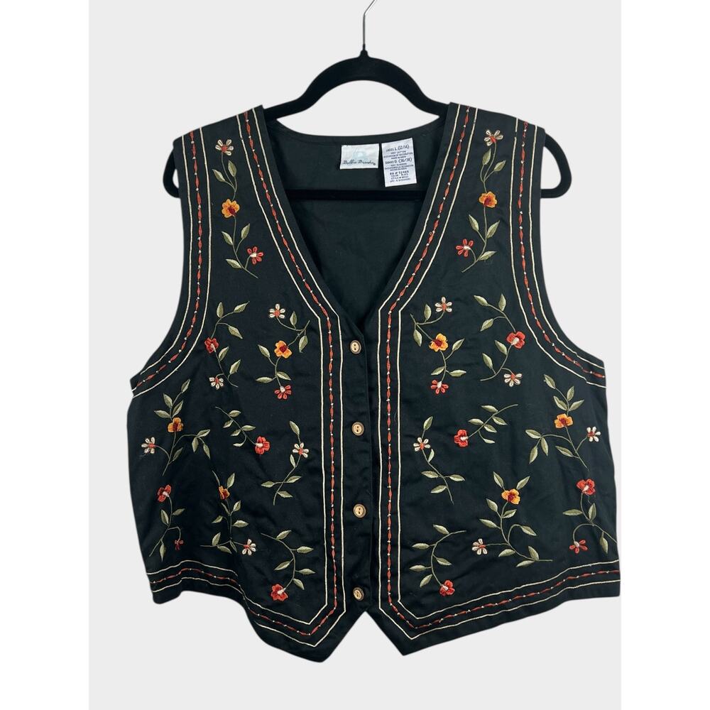 Vintage Bobbie Brooks Black Embroidered‎ Floral Cotton Vest Womens Large 12 14